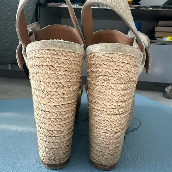 Prada Nude Suede Jute 4 inch Wedge Peep Toe Sandal 35.5 /  5.5 US $850 - Picture 4 of 14